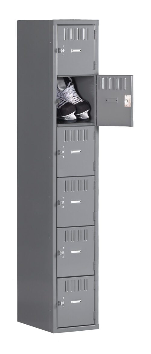 A tall, grey metal locker with six compartments stands upright. The second compartment from the top is open, revealing a pair of black boots inside. The other compartments are closed and have small handles and locks.