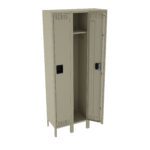 A beige metal locker with two doors is open, revealing interior shelving and a hanging rod. The locker stands on four legs and has ventilation slots on the doors, with two rectangular handles.