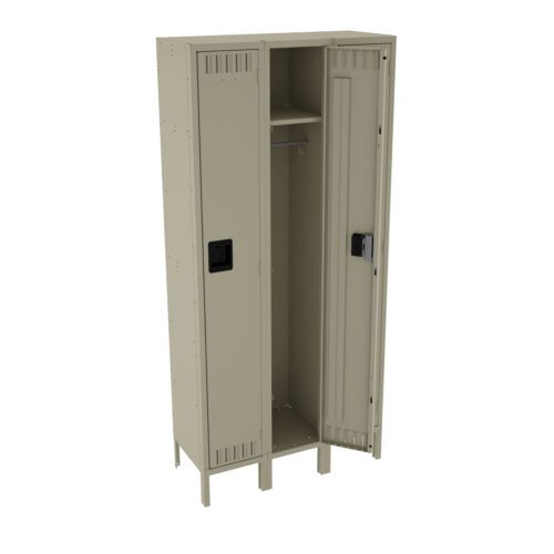 jvuc6s8fapdjtv4wbxih.jpg A beige metal locker with two doors is open, revealing interior shelving and a hanging rod. The locker stands on four legs and has ventilation slots on the doors, with two rectangular handles.