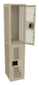 A beige metal locker with a lattice design, containing two compartments. The upper door is open, showing the interior space, while the lower door is closed. The locker is freestanding and has a perforated pattern for ventilation.