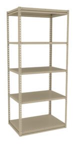 A metal shelving unit with five shelves. The frame is beige and features vertical slotted supports, allowing for adjustable shelf heights. The design is simple and industrial, suitable for storage in a garage, warehouse, or utility room.