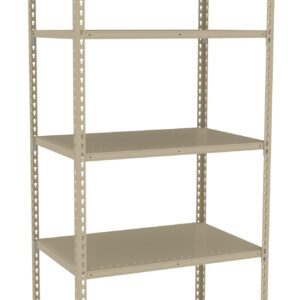 A metal shelving unit with five shelves. The frame is beige and features vertical slotted supports, allowing for adjustable shelf heights. The design is simple and industrial, suitable for storage in a garage, warehouse, or utility room.