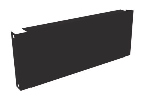 A black, rectangular metal blanking panel with four mounting holes, designed for use in a computer server rack to cover unused spaces, enhancing airflow and organization.