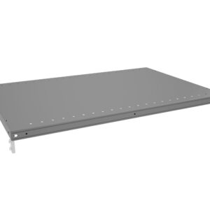 A flat, rectangular metal sheet with a series of evenly spaced holes along the edges. It appears to be a shelf or panel with brackets on both sides for mounting or support. The surface is smooth and gray.