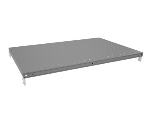 A flat, rectangular metal sheet with a series of evenly spaced holes along the edges. It appears to be a shelf or panel with brackets on both sides for mounting or support. The surface is smooth and gray.