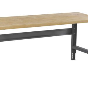 A wooden workbench with a light-colored top and gray metal legs.