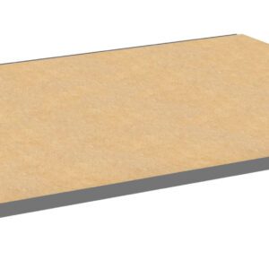 A rectangular wooden shelf with metal brackets along the edges, designed for mounting or installation. The surface is a light wood color, and the brackets are gray. The shelf is viewed at an angle, showing its flat surface and minimal design.