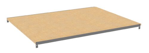 A rectangular wooden shelf with metal brackets along the edges, designed for mounting or installation. The surface is a light wood color, and the brackets are gray. The shelf is viewed at an angle, showing its flat surface and minimal design.