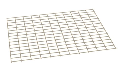 A beige metal grid or grate is shown from an angle, with evenly spaced horizontal and vertical bars forming a lattice pattern. The grid is placed against a plain white background.