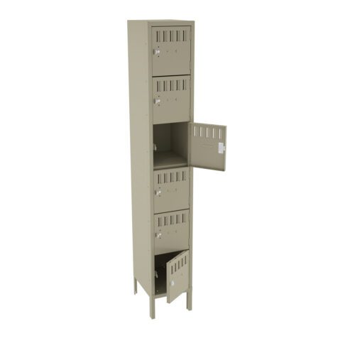 A tall, beige metal locker with six compartments, placed against a white background. Each compartment has a vented door, and two of them are open, showing the interior space. The locker stands on four sturdy legs.
