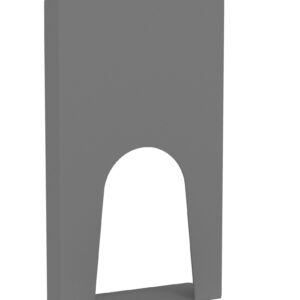 Gray, freestanding rectangular display stand with a curved cut-out near the base. It has a wide, stable support at the bottom, suitable for holding brochures or small signage.