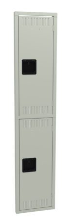 A tall, gray metal locker with two compartment doors, each with ventilation slots and a black recessed handle. The locker is closed and has a minimalist design.