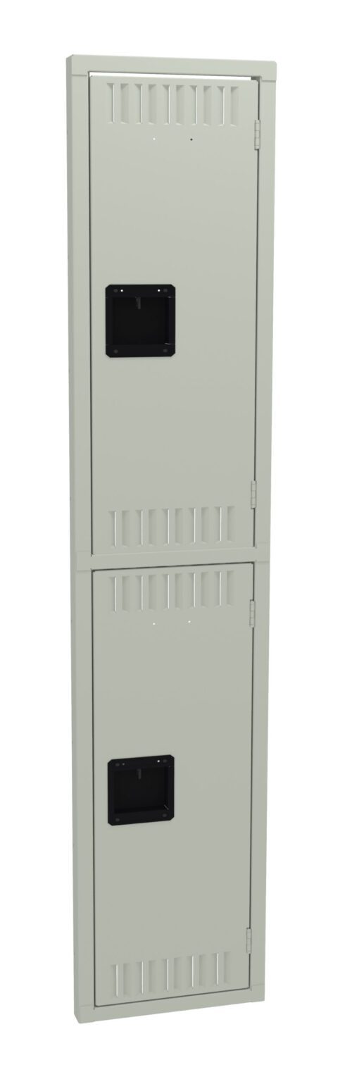 A tall, gray metal locker with two compartment doors, each with ventilation slots and a black recessed handle. The locker is closed and has a minimalist design.