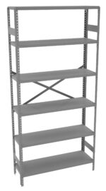 Gray metal shelving unit with six adjustable shelves and a cross brace for support at the back. The structure is open on all sides, designed for storage and organization in various settings like garages, warehouses, or offices.