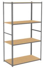 A metal shelving unit with four wooden shelves is shown. The frame is gray and the shelves are light brown, designed for storage or organization purposes. The unit appears sturdy and suitable for a garage or warehouse.