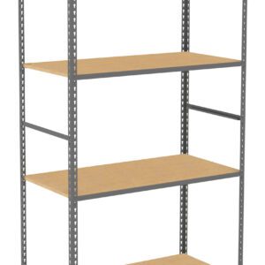 A metal shelving unit with four wooden shelves is shown. The frame is gray and the shelves are light brown, designed for storage or organization purposes. The unit appears sturdy and suitable for a garage or warehouse.