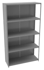 A gray metal shelving unit with five shelves, standing upright. The unit is empty and has a simple, industrial design, featuring perforated sides for adjustable shelving. The background is plain white.