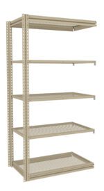 Beige metal shelving unit with five adjustable shelves and perforated surfaces, ideal for storage and organization. The unit is set against a white background, showcasing its structure and design features.