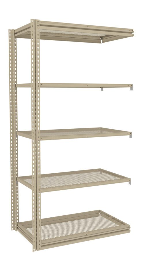 Beige metal shelving unit with five adjustable shelves and perforated surfaces, ideal for storage and organization. The unit is set against a white background, showcasing its structure and design features.