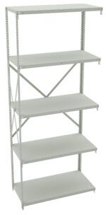 A tall metal shelving unit with five adjustable shelves and a plain gray finish. It features an open back and sides, with support beams for stability. The shelves are perforated along the edges, indicating adjustable heights.