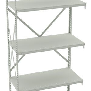 A tall metal shelving unit with five adjustable shelves and a plain gray finish. It features an open back and sides, with support beams for stability. The shelves are perforated along the edges, indicating adjustable heights.