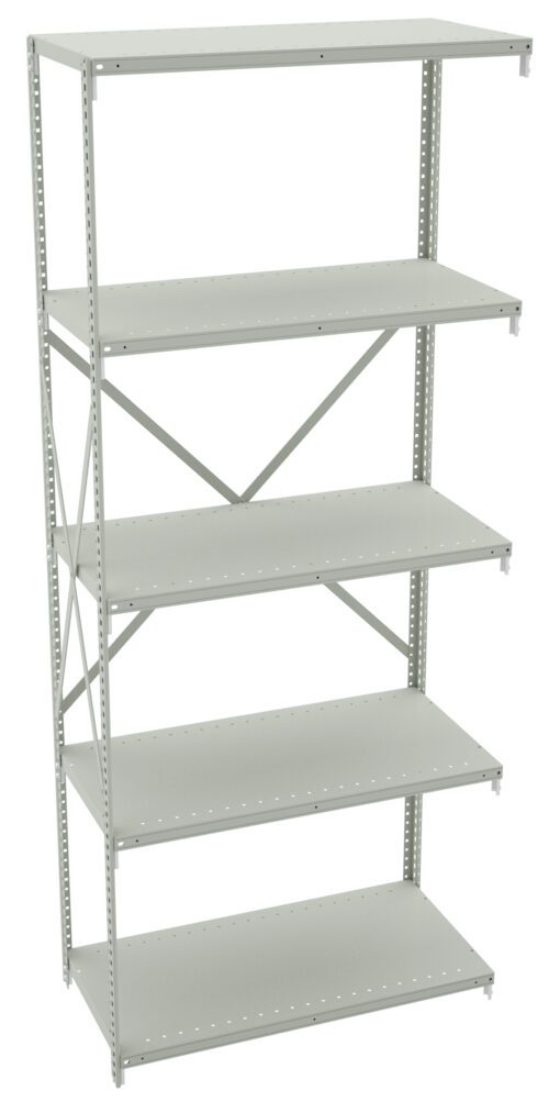 A tall metal shelving unit with five adjustable shelves and a plain gray finish. It features an open back and sides, with support beams for stability. The shelves are perforated along the edges, indicating adjustable heights.