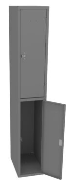 A tall, gray metal locker with two compartments. The upper compartment door is closed, while the lower compartment door is open, revealing an empty interior. The locker has simple hinges and a latch mechanism.
