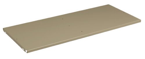jy9jc8m5vgkdllriayok.jpg A rectangular, beige metal shelf with smooth edges and small holes for mounting. The shelf is angled slightly in the image, showing its flat surface and sturdy design.