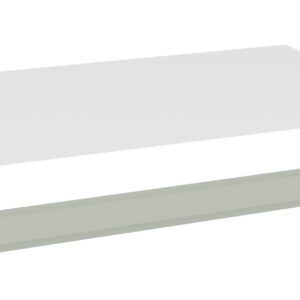 A 3D rendering of a white rectangular panel and a separate light green metal bracket. The panel appears flat and smooth, while the bracket has small holes near its edges, likely for mounting or assembly purposes.