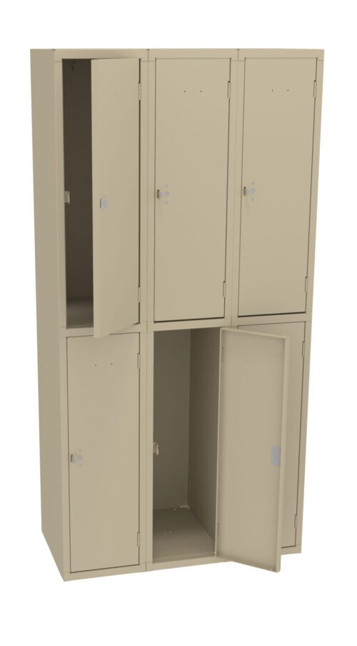 Image of a beige metal locker system with six compartments arranged in two rows of three. Some locker doors are open, revealing empty interiors, while others are closed. Each locker has a small handle and a lock mechanism.