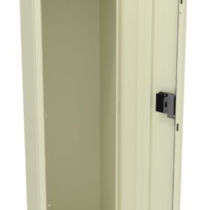 An open beige metal locker with a door ajar, revealing an empty interior. Inside, there is a single shelf and a metal rod for hanging items. A black lock mechanism is attached to the door.