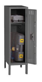 A tall, grey metal cabinet with an open door revealing a power drill and tool case on the bottom shelf, and a closed case on the upper shelf. The cabinet stands on four legs.