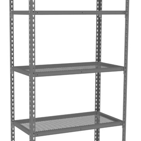 A tall, gray Tennsco Q Line Shelving unit features five perforated shelves. Its frame has angled supports, and the spacious shelves are ideal for storage. Set against a plain white background, this unit exemplifies functional design.