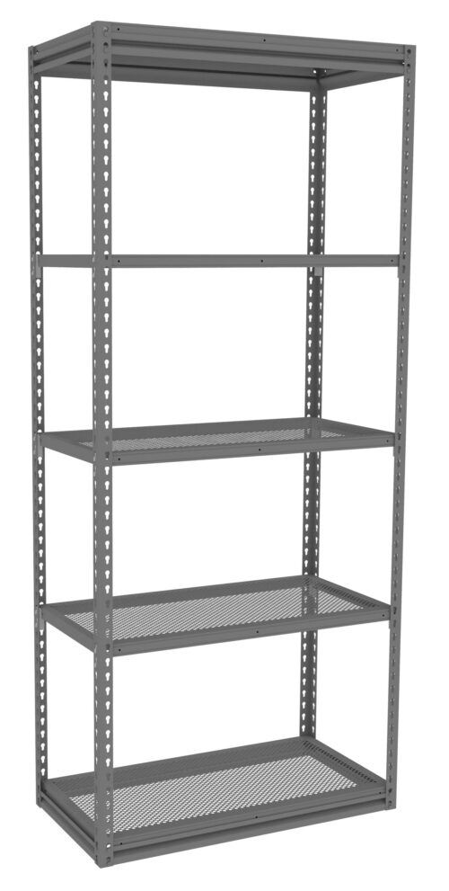 A tall, gray Tennsco Q Line Shelving unit features five perforated shelves. Its frame has angled supports, and the spacious shelves are ideal for storage. Set against a plain white background, this unit exemplifies functional design.
