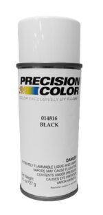A can of Precision Color spray paint with a white cap and label. The label includes text stating Color Exclusively by Raabe, 014816 Black, and warnings about flammability and vapor dangers. Net weight is 4.5 oz/127 g.