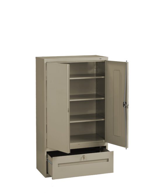 jzrwr7qfmckthay0vuhv.jpg A beige metal storage cabinet with four interior shelves and an open door, revealing empty space inside. Below, a partially open drawer with a lock is visible, set against a plain white background.