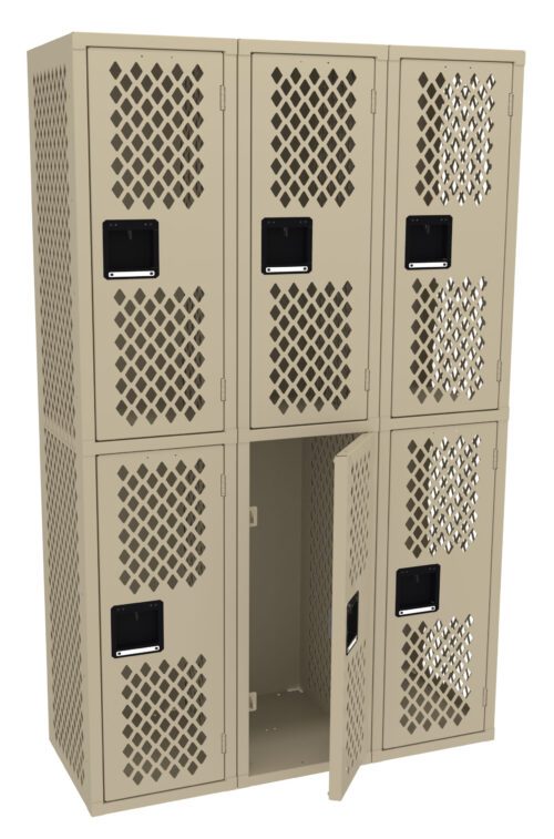 A beige metal locker unit with six compartments, arranged in two rows of three. The locker doors feature a diamond-patterned ventilation design. One door is slightly open, revealing an empty interior.