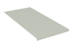 A rectangular metal sheet with a small hole in one corner and a raised edge on one side. The sheet is light gray and appears to be thin and flat, positioned at a slight angle.