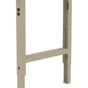 A beige metal table base with rectangular frame and adjustable height legs. It has several holes for screws and attachments, suitable for supporting a tabletop. The design is minimal and functional.