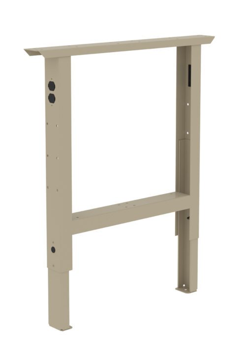 A beige metal table base with rectangular frame and adjustable height legs. It has several holes for screws and attachments, suitable for supporting a tabletop. The design is minimal and functional.