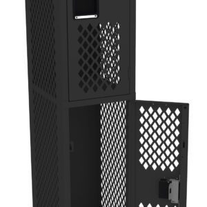A tall, metal locker with a black, perforated design. It consists of two compartments, one on top of the other. The bottom compartment door is open, while the top compartment remains closed.