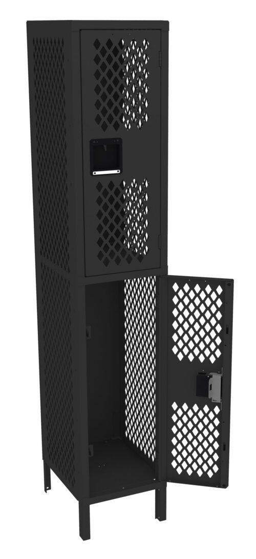 A tall, metal locker with a black, perforated design. It consists of two compartments, one on top of the other. The bottom compartment door is open, while the top compartment remains closed.