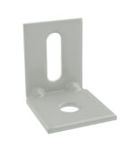 A gray, L-shaped metal bracket with a rectangular vertical panel and a horizontal base. The vertical part has an oval cutout, and the base has a circular hole, designed for mounting or support purposes.