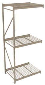 A metal storage rack with three wire shelves and a top solid panel. It has a beige frame and is supported by vertical beams with diagonal bracing for stability. The unit is free-standing and designed for heavy-duty storage.