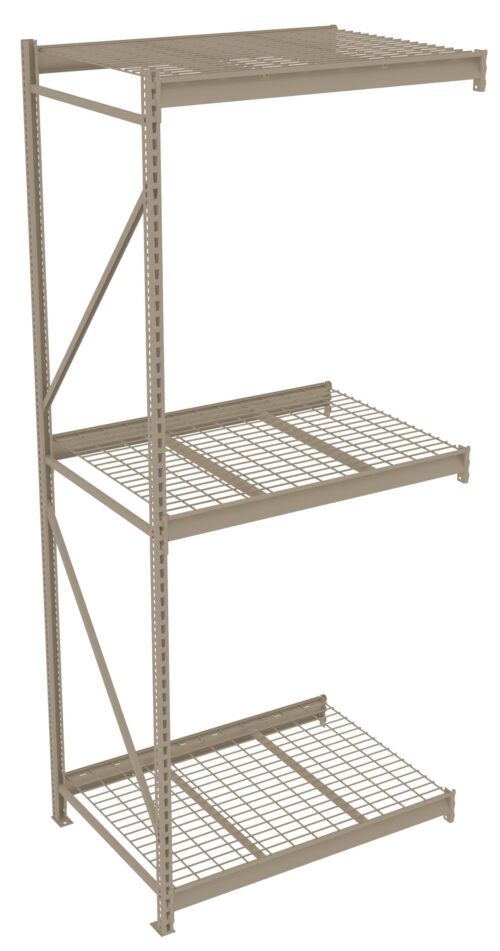 A metal storage rack with three wire shelves and a top solid panel. It has a beige frame and is supported by vertical beams with diagonal bracing for stability. The unit is free-standing and designed for heavy-duty storage.
