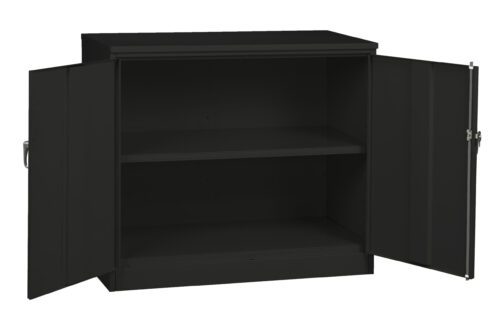 k2ansp1a1d6lqwhza38f.jpg A black metal cabinet with two open doors revealing an empty interior. The cabinet has one adjustable shelf and is designed for storage purposes.