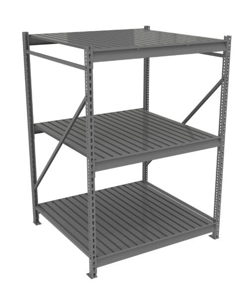 A three-tier metal storage rack with gray slatted shelves. The structure has vertical supports with diagonal braces for stability. The shelves are evenly spaced, suitable for organizing items in a warehouse or storage room.