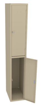 Tall beige storage cabinet with two vertical compartments. The lower door is open, revealing an empty space inside, while the upper door remains closed. The cabinet has a simple, functional design.