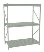 A gray metal storage shelf with three tiers, featuring slatted surfaces and sturdy support beams on the sides. The shelf is empty and stands against a plain white background.