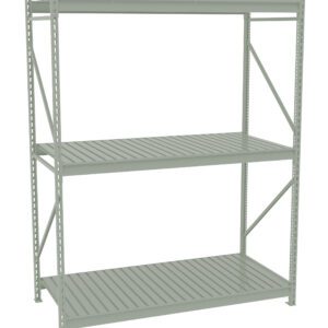 A gray metal storage shelf with three tiers, featuring slatted surfaces and sturdy support beams on the sides. The shelf is empty and stands against a plain white background.